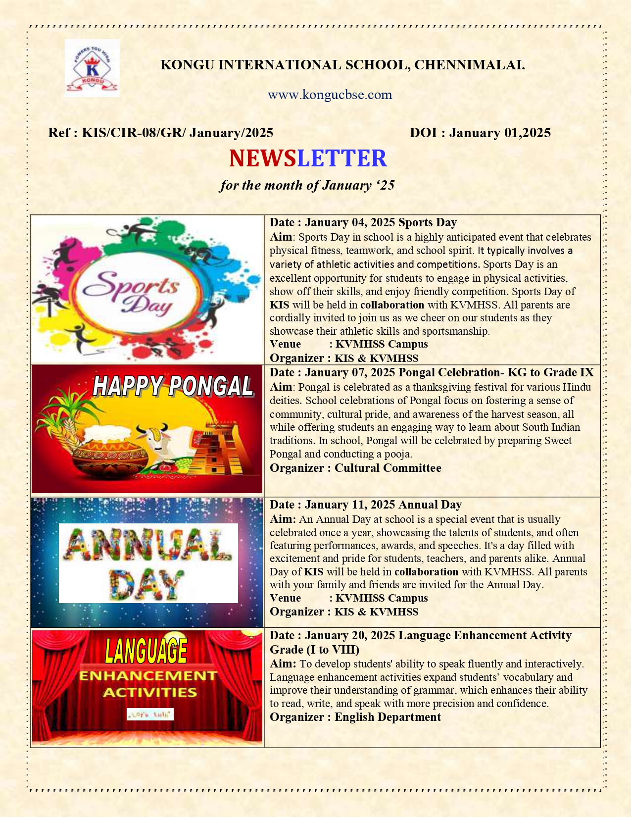 Kongu CBSE School Newsletter - Jan