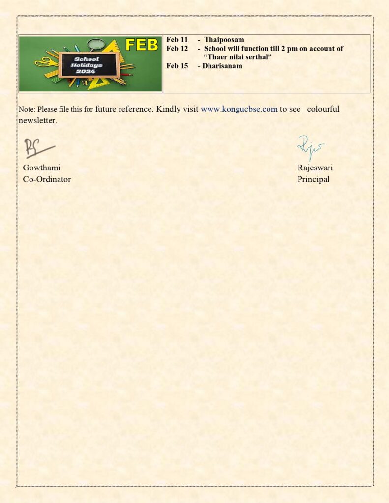 Kongu CBSE School Newsletter - Feb